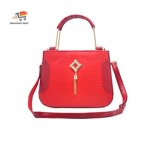 New Fashioned red leather shoulder bag With Stylish front brooch